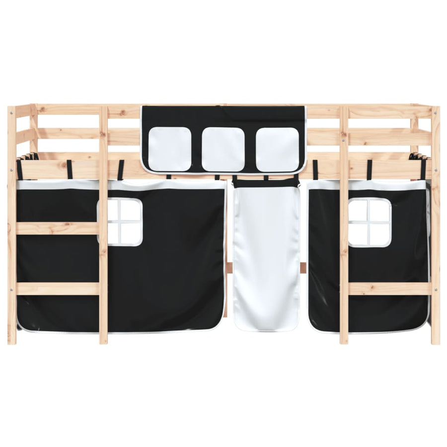 Kinderhoogslaper Met Gordijnen 80X200 Cm Massief Grenenhout 80 x 200cm Naturel en zwart