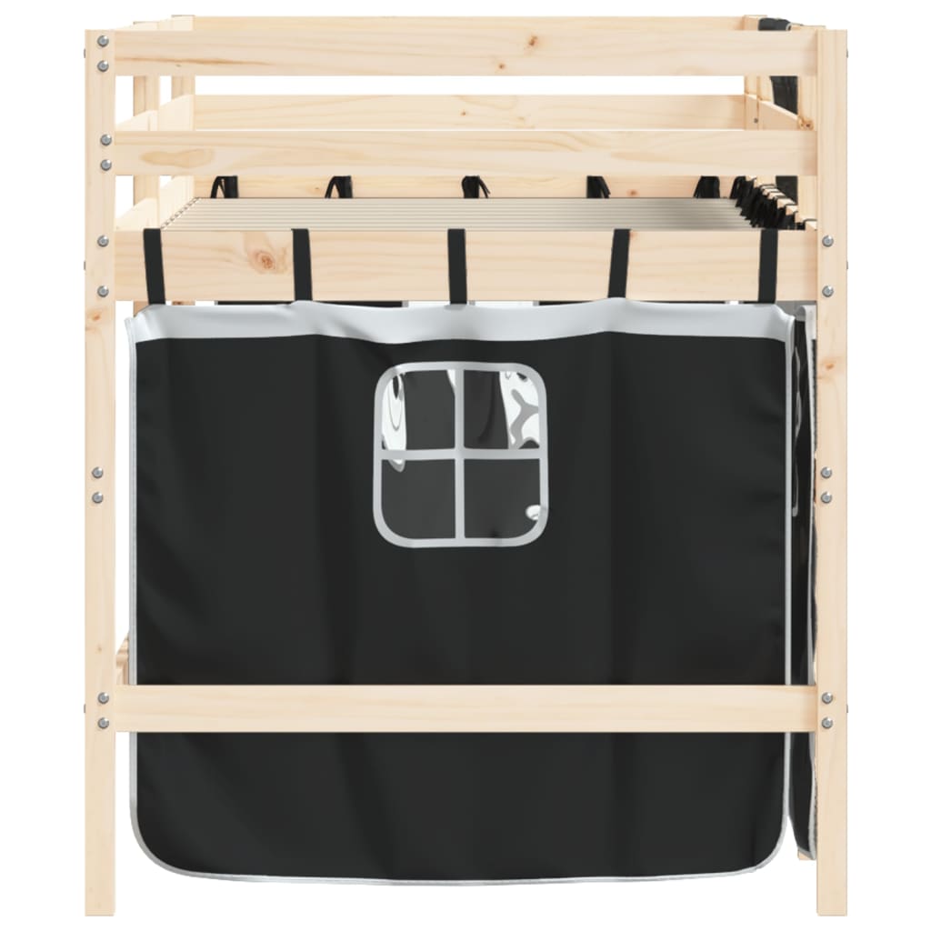 Kinderhoogslaper Met Gordijnen 80X200 Cm Massief Grenenhout 80 x 200cm Naturel en zwart