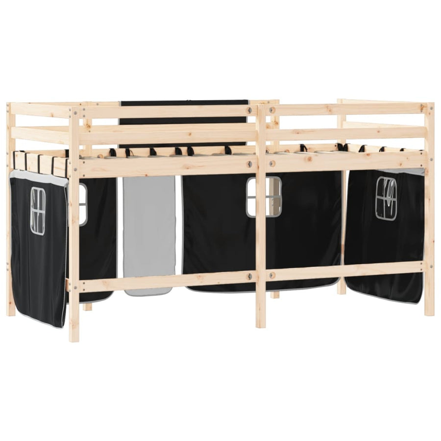 Kinderhoogslaper Met Gordijnen 80X200 Cm Massief Grenenhout 80 x 200cm Naturel en zwart