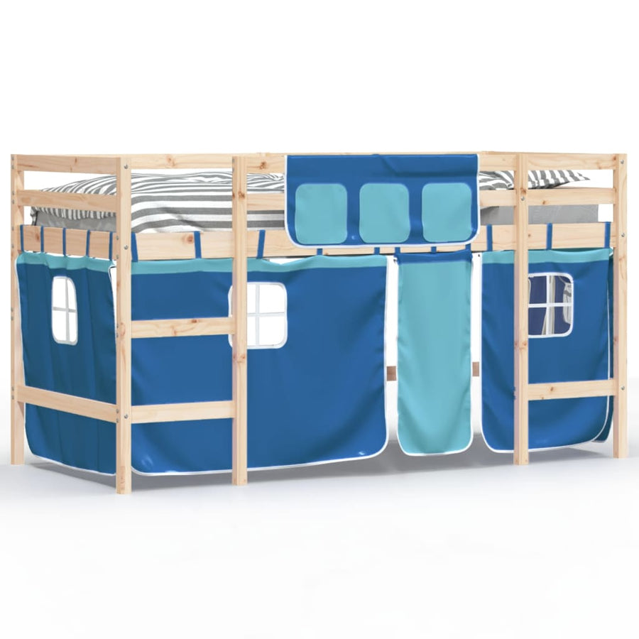 Kinderhoogslaper Met Gordijnen 80X200 Cm Grenenhout 80 x 200cm Naturel en blauw