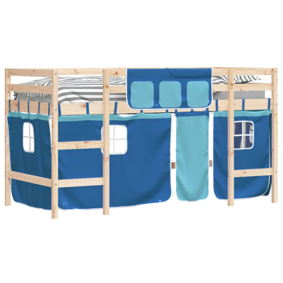 Kinderhoogslaper Met Gordijnen 80X200 Cm Grenenhout 80 x 200cm Naturel en blauw