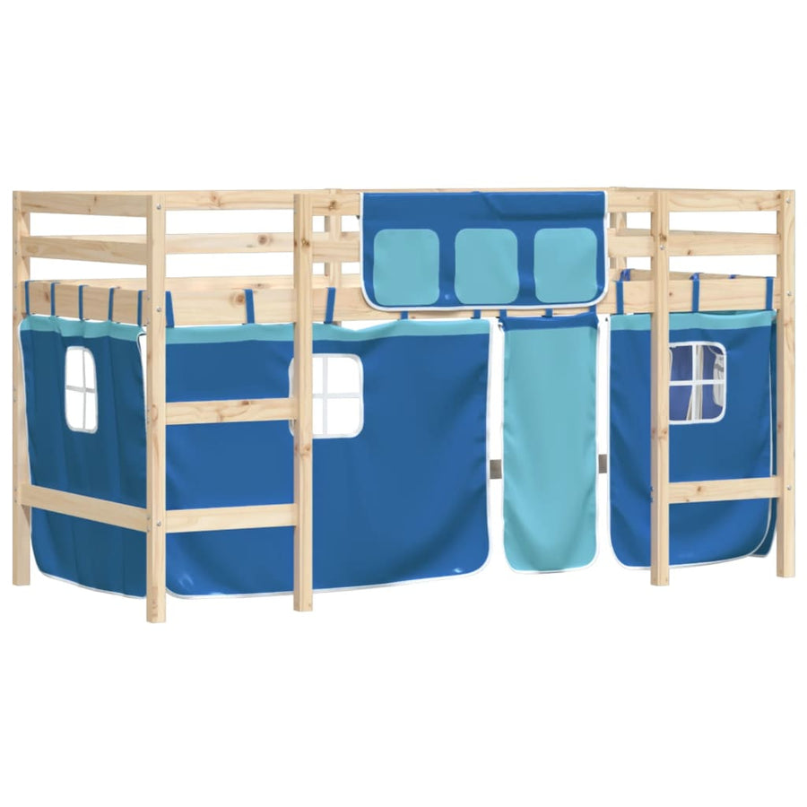 Kinderhoogslaper Met Gordijnen 80X200 Cm Grenenhout 80 x 200cm Naturel en blauw