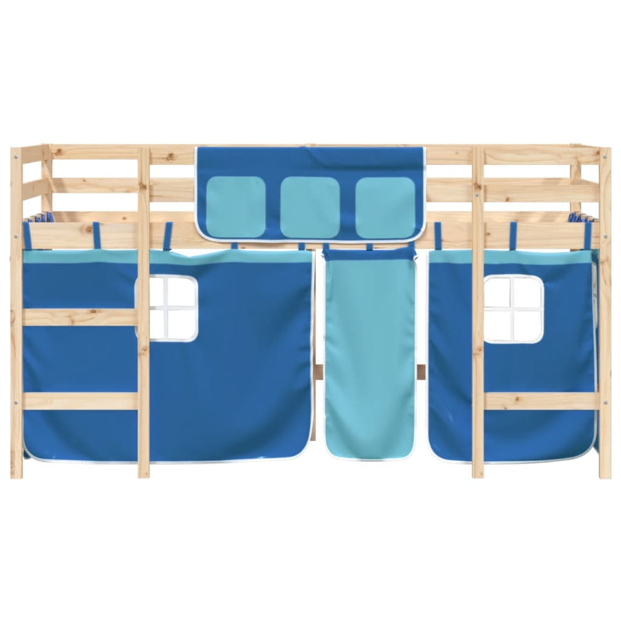 Kinderhoogslaper Met Gordijnen 80X200 Cm Grenenhout 80 x 200cm Naturel en blauw