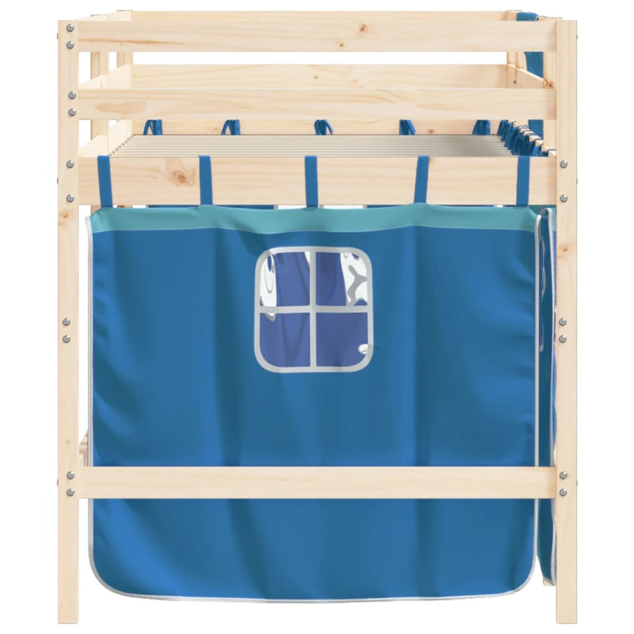 Kinderhoogslaper Met Gordijnen 80X200 Cm Grenenhout 80 x 200cm Naturel en blauw