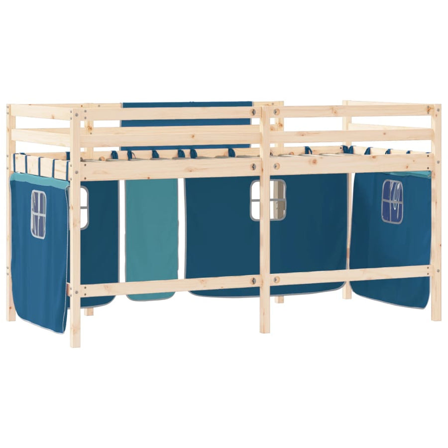 Kinderhoogslaper Met Gordijnen 80X200 Cm Grenenhout 80 x 200cm Naturel en blauw