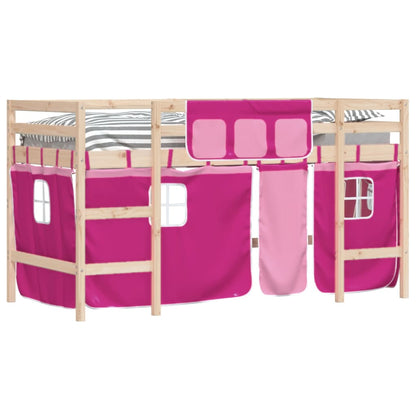 Kinderhoogslaper Met Gordijnen 80X200 Cm Grenenhout 80 x 200cm Naturel en roze