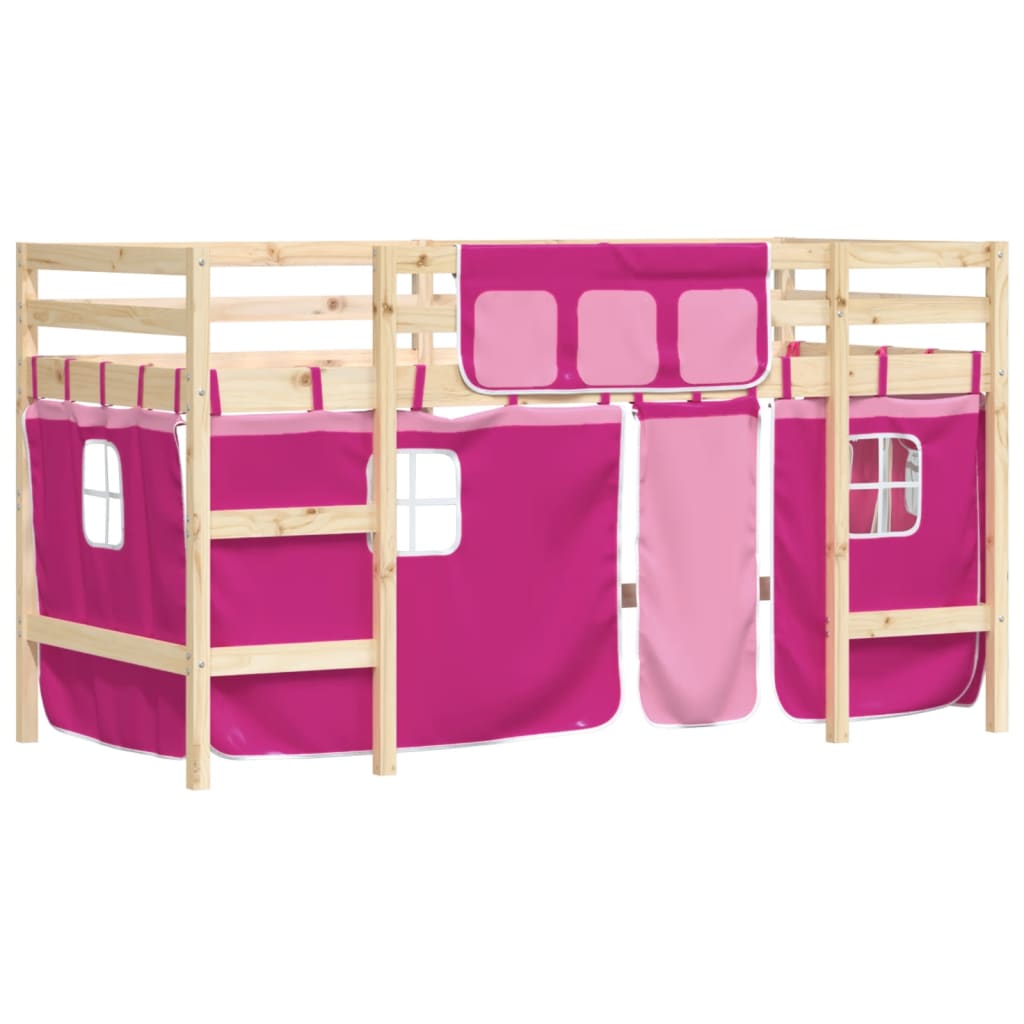 Kinderhoogslaper Met Gordijnen 80X200 Cm Grenenhout 80 x 200cm Naturel en roze
