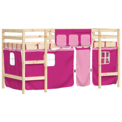 Kinderhoogslaper Met Gordijnen 80X200 Cm Grenenhout 80 x 200cm Naturel en roze