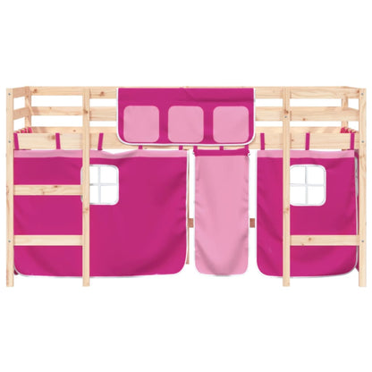 Kinderhoogslaper Met Gordijnen 80X200 Cm Grenenhout 80 x 200cm Naturel en roze