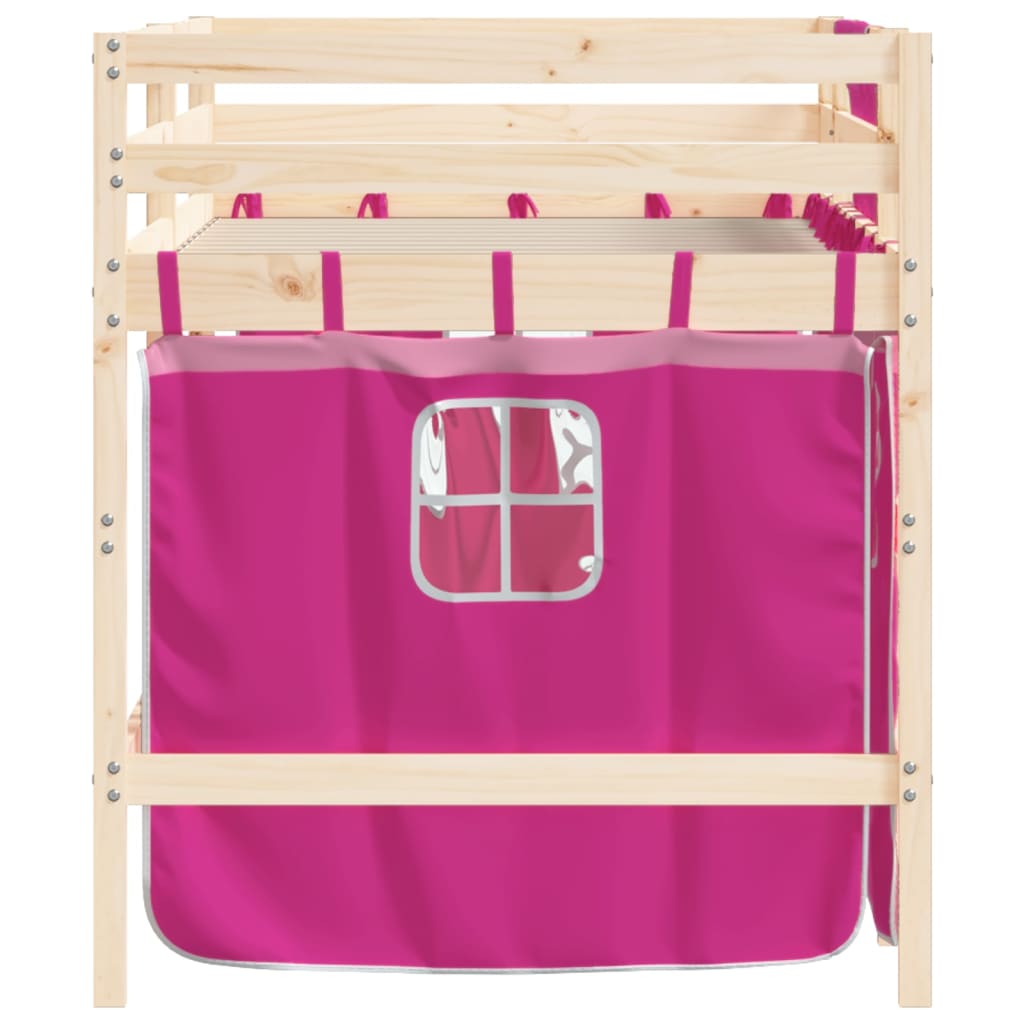Kinderhoogslaper Met Gordijnen 80X200 Cm Grenenhout 80 x 200cm Naturel en roze
