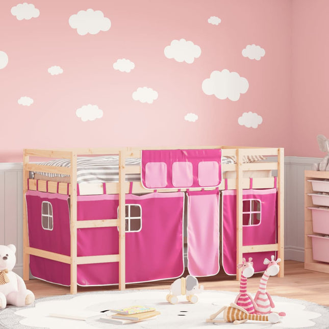 Kinderhoogslaper Met Gordijnen 80X200 Cm Grenenhout 80 x 200cm Naturel en roze