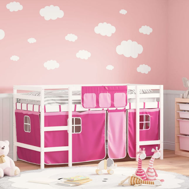 Kinderhoogslaper Met Gordijnen 90X200 Cm Grenenhout 90 x 200cm Wit en roze