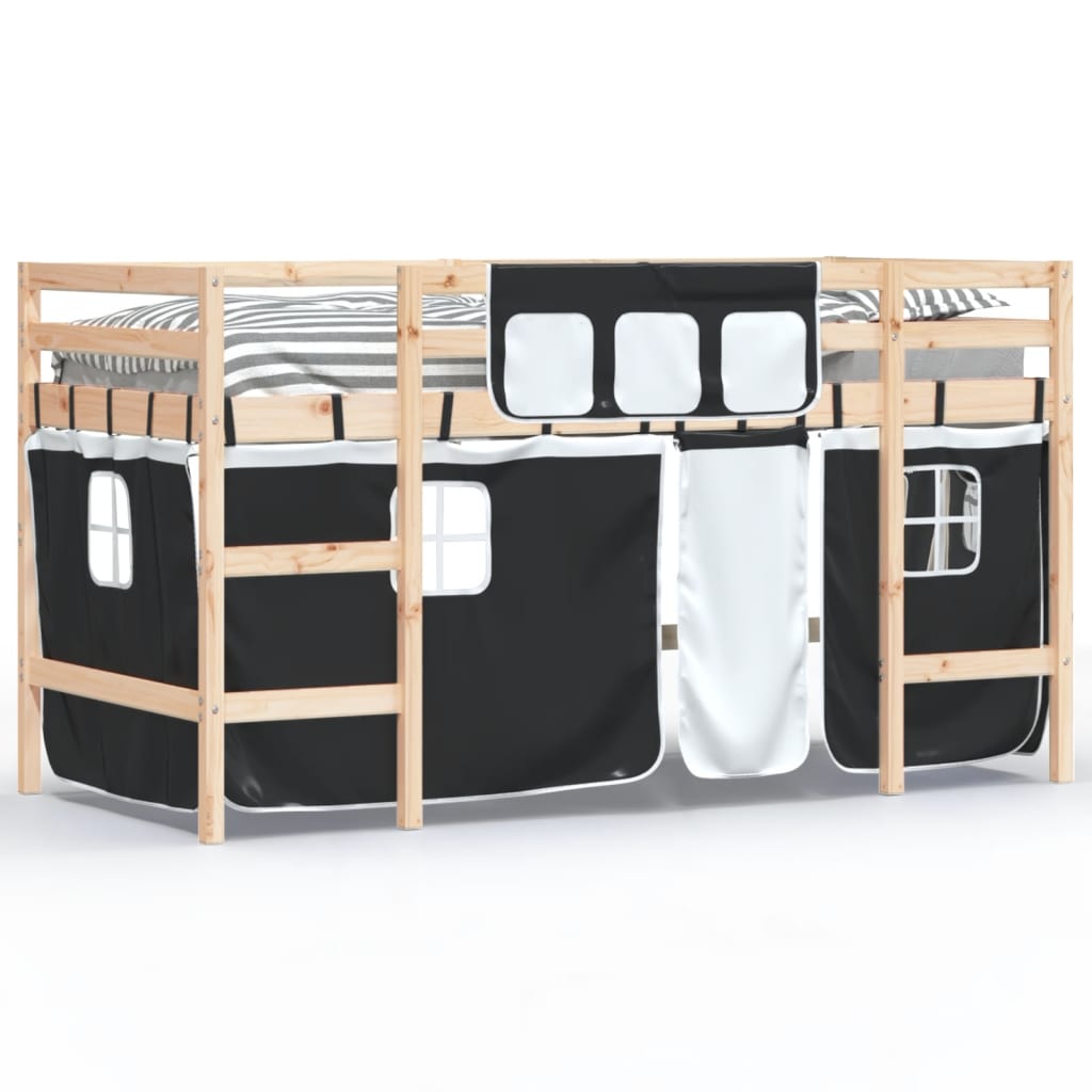 Kinderhoogslaper Met Gordijnen 90X190 Cm Grenenhout Wit 90 x 190cm Naturel en zwart