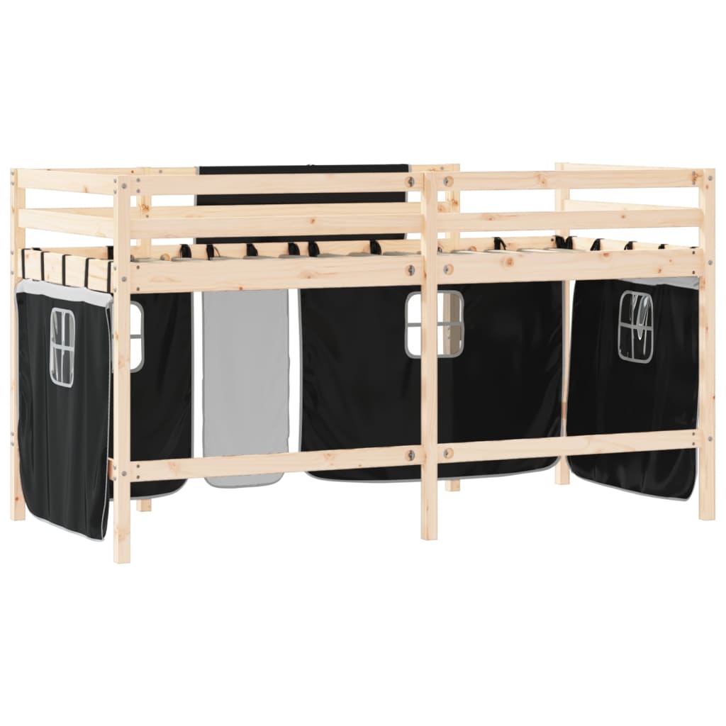 Kinderhoogslaper Met Gordijnen 90X190 Cm Grenenhout Wit 90 x 190cm Naturel en zwart