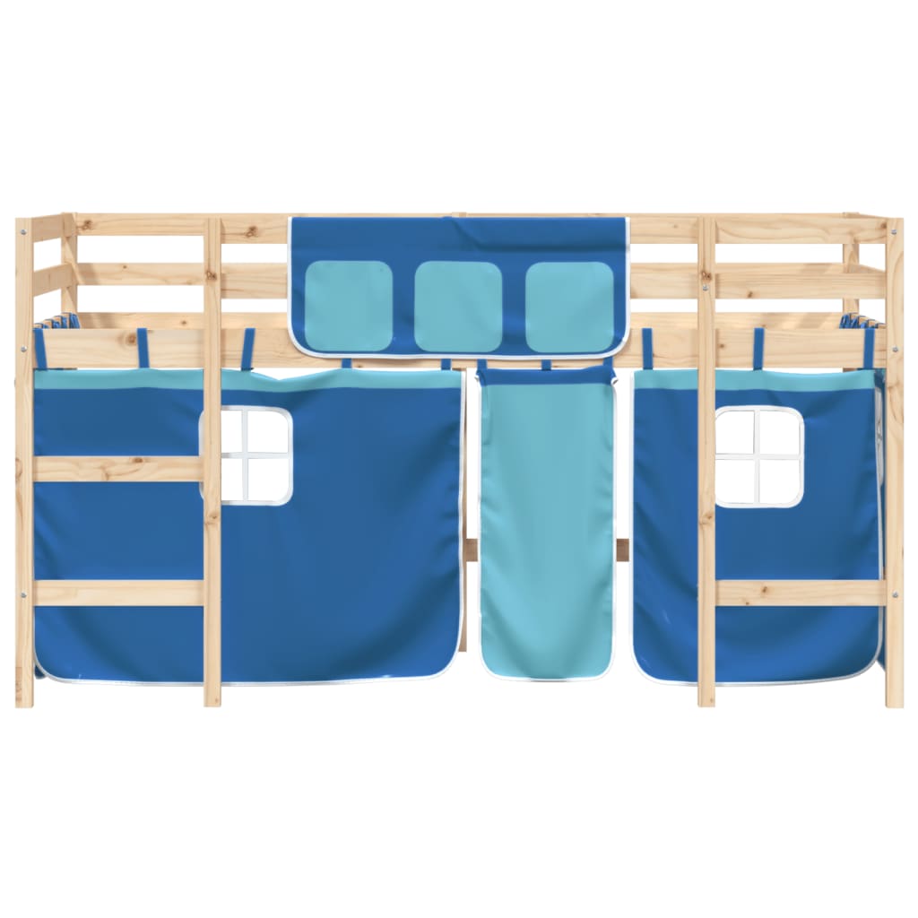 Kinderhoogslaper Met Gordijnen 90X190 Cm Grenenhout 90 x 190cm Naturel en blauw