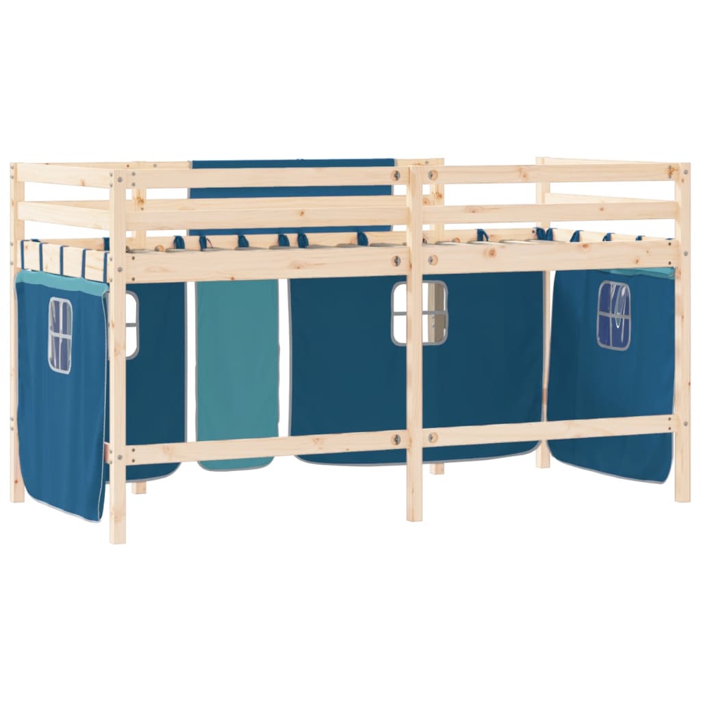 Kinderhoogslaper Met Gordijnen 90X190 Cm Grenenhout 90 x 190cm Naturel en blauw