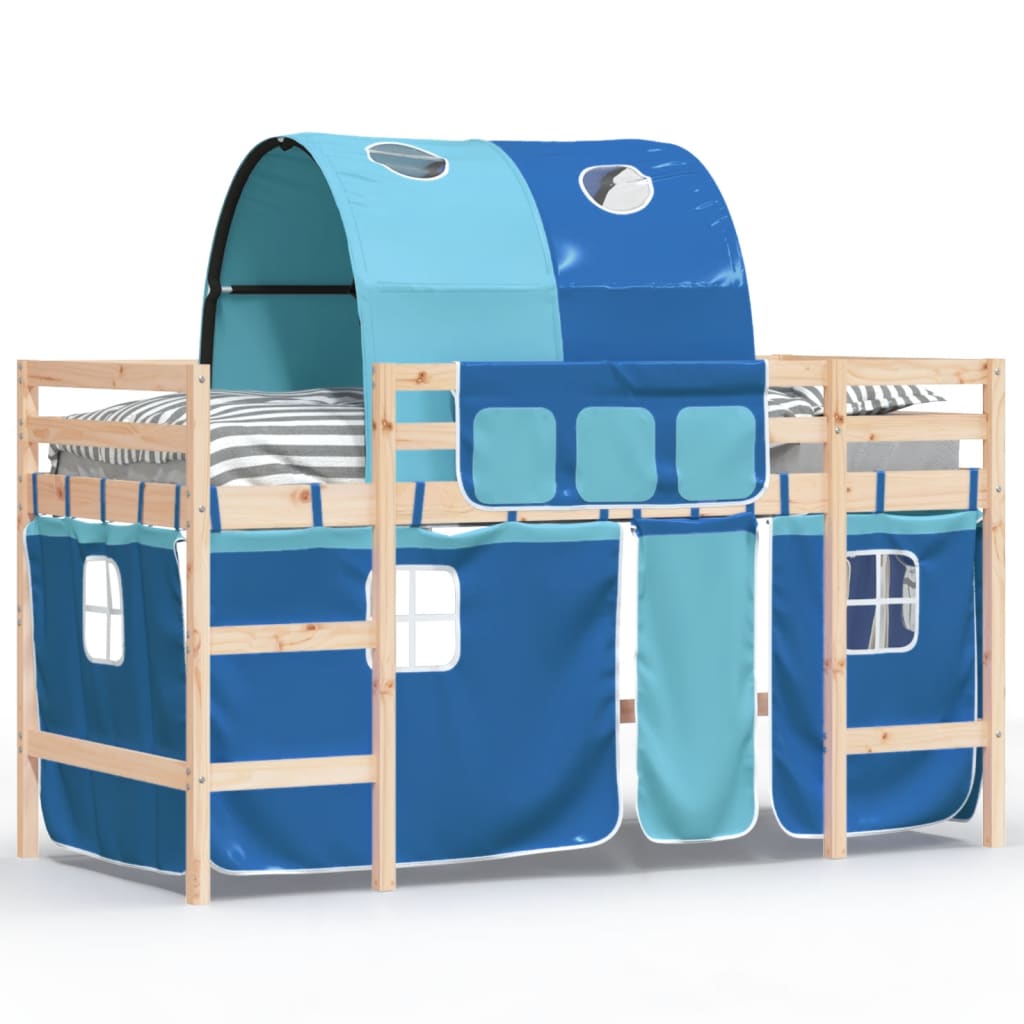 Kinderhoogslaper Met Tunnel Massief Grenenhout 90 x 190 cm Naturel en blauw