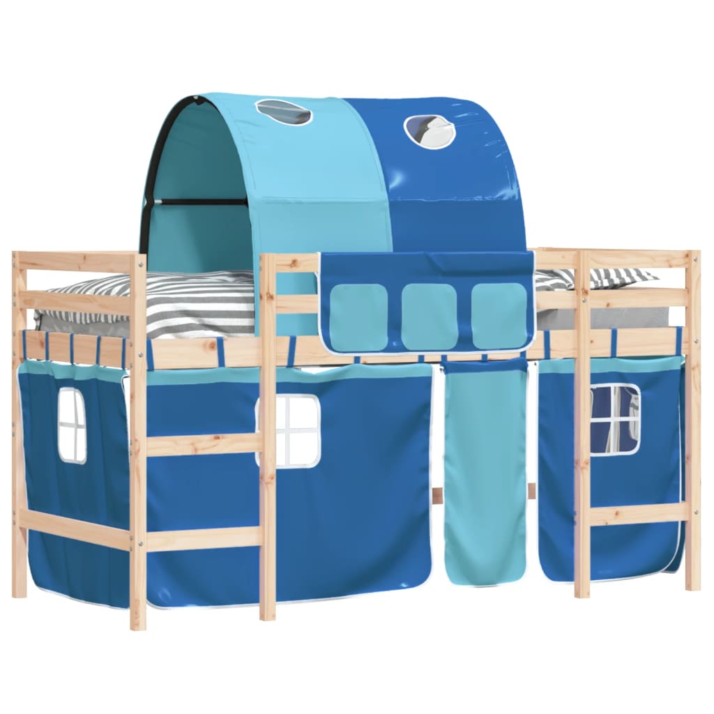 Kinderhoogslaper Met Tunnel Massief Grenenhout 90 x 190 cm Naturel en blauw