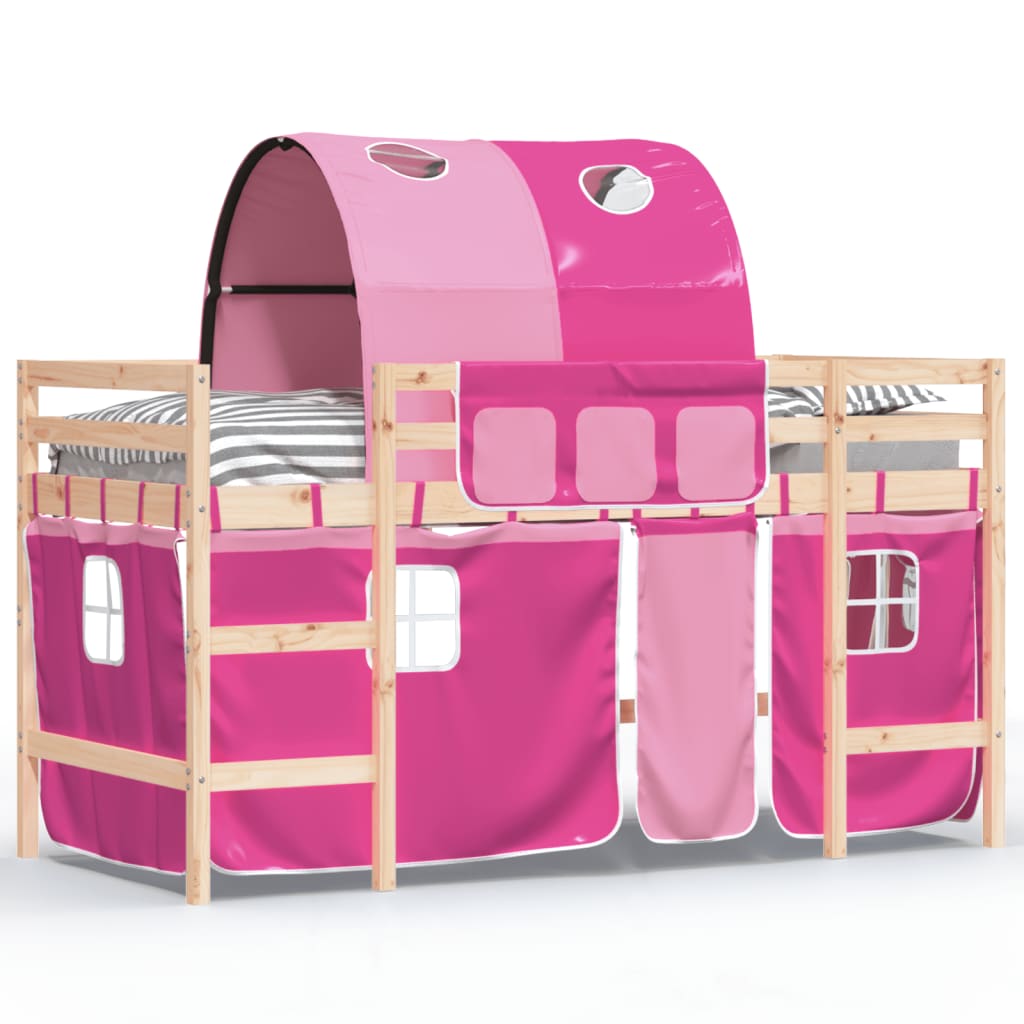 Kinderhoogslaper Met Tunnel Massief Grenenhout 90 x 190 cm Naturel en roze