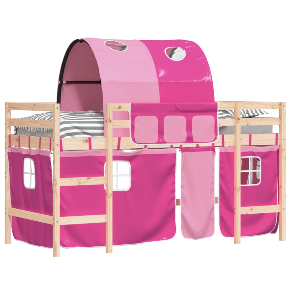 Kinderhoogslaper Met Tunnel Massief Grenenhout 90 x 190 cm Naturel en roze