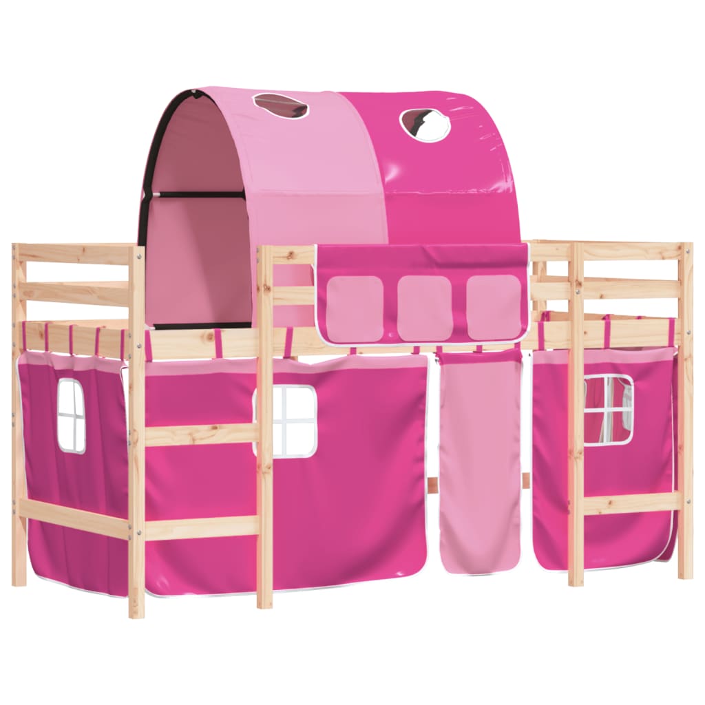 Kinderhoogslaper Met Tunnel Massief Grenenhout 90 x 190 cm Naturel en roze
