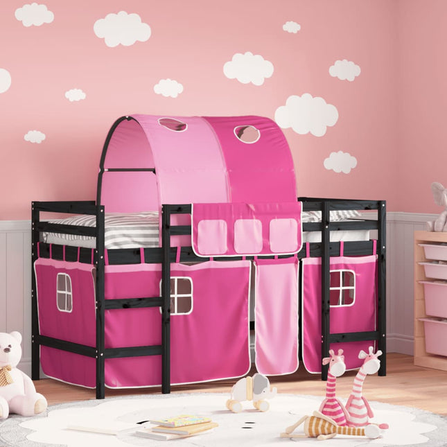 Kinderhoogslaper Met Tunnel Massief Grenenhout 90 x 190 cm Zwart en roze