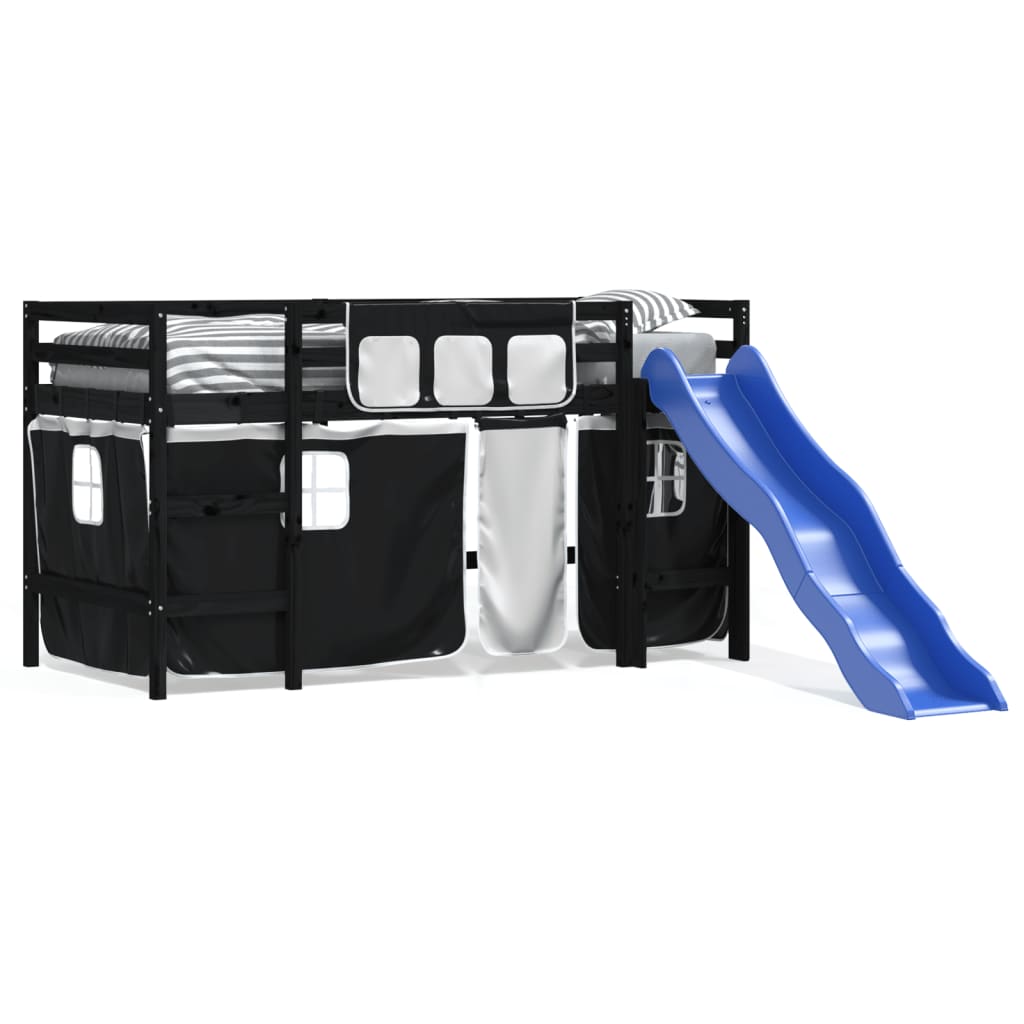 Kinderhoogslaper Met Gordijnen Massief Grenenhout 80 x 200 cm Zwart