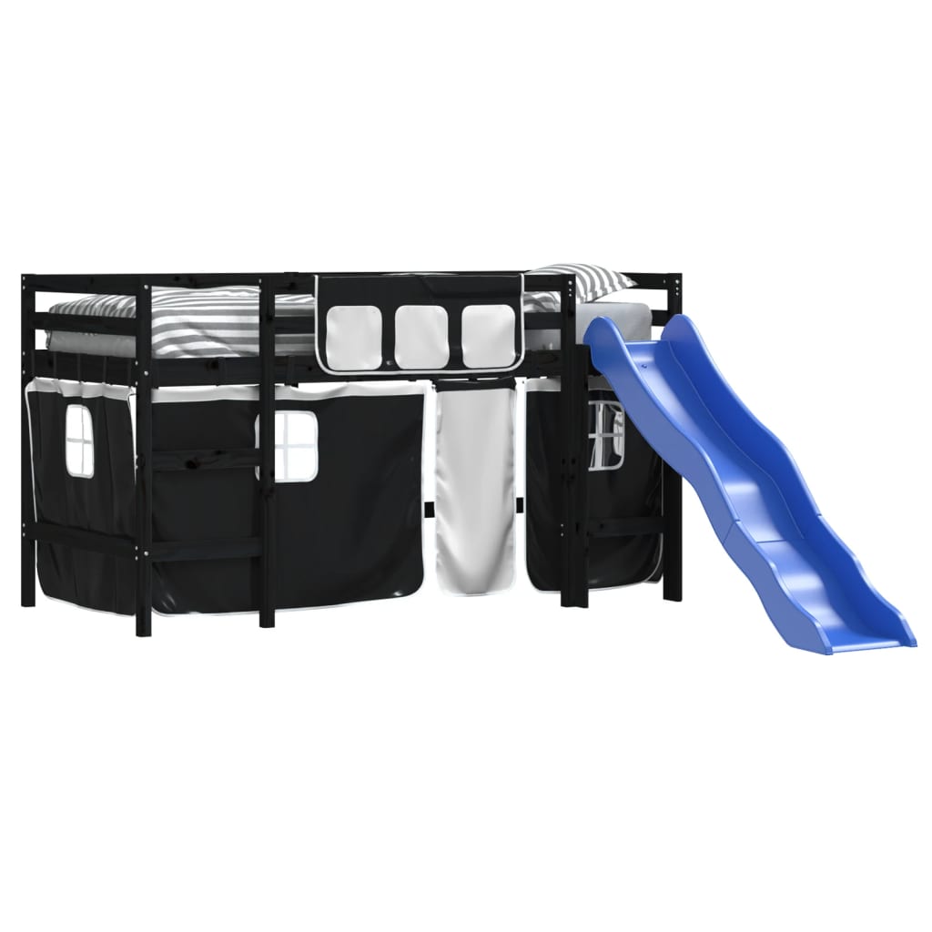 Kinderhoogslaper Met Gordijnen Massief Grenenhout 80 x 200 cm Zwart