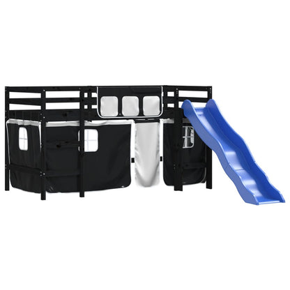 Kinderhoogslaper Met Gordijnen Massief Grenenhout 80 x 200 cm Zwart