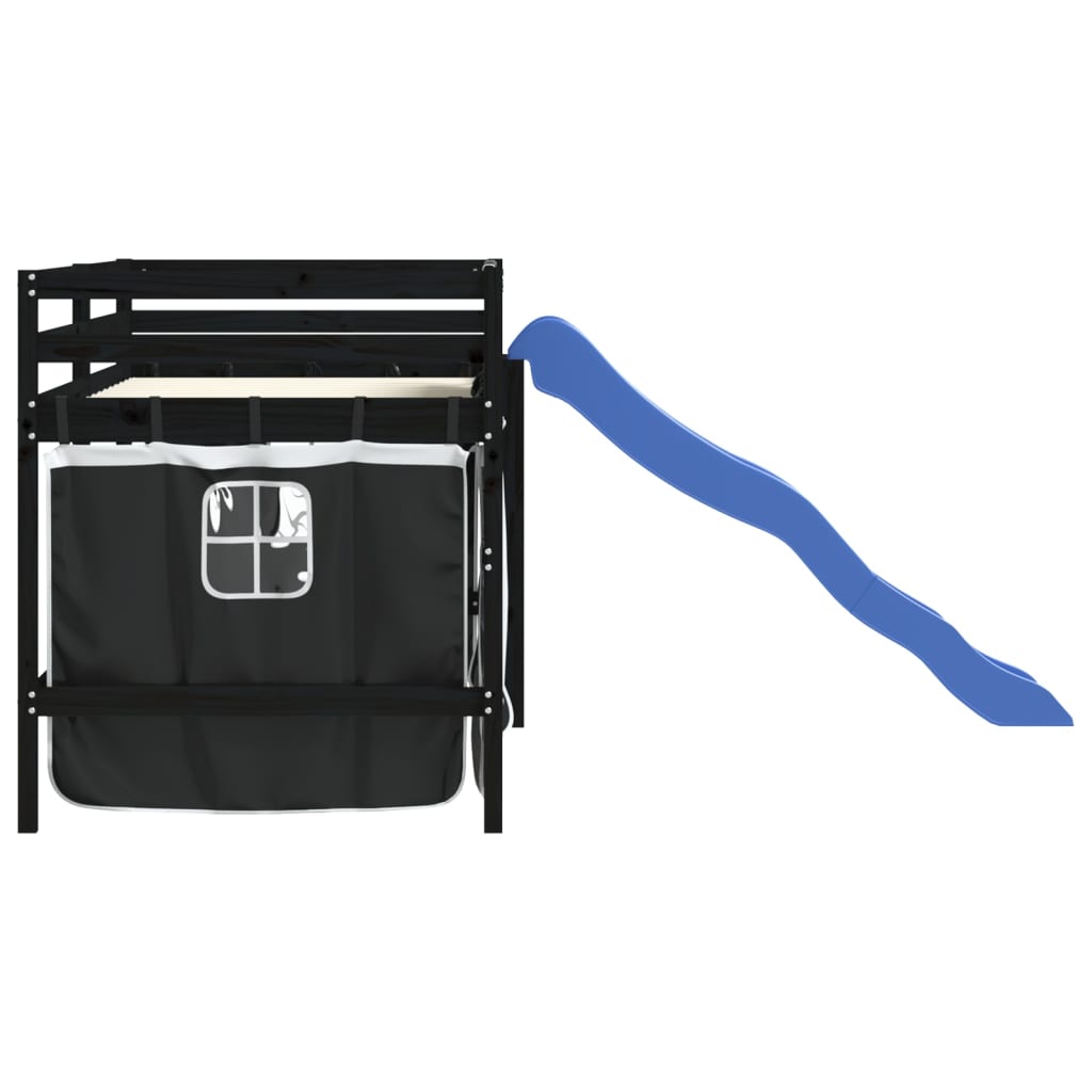 Kinderhoogslaper Met Gordijnen Massief Grenenhout 80 x 200 cm Zwart