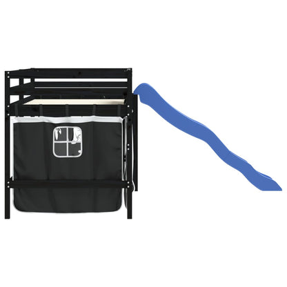 Kinderhoogslaper Met Gordijnen Massief Grenenhout 80 x 200 cm Zwart