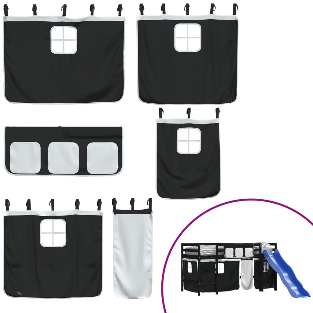 Kinderhoogslaper Met Gordijnen Massief Grenenhout 80 x 200 cm Zwart