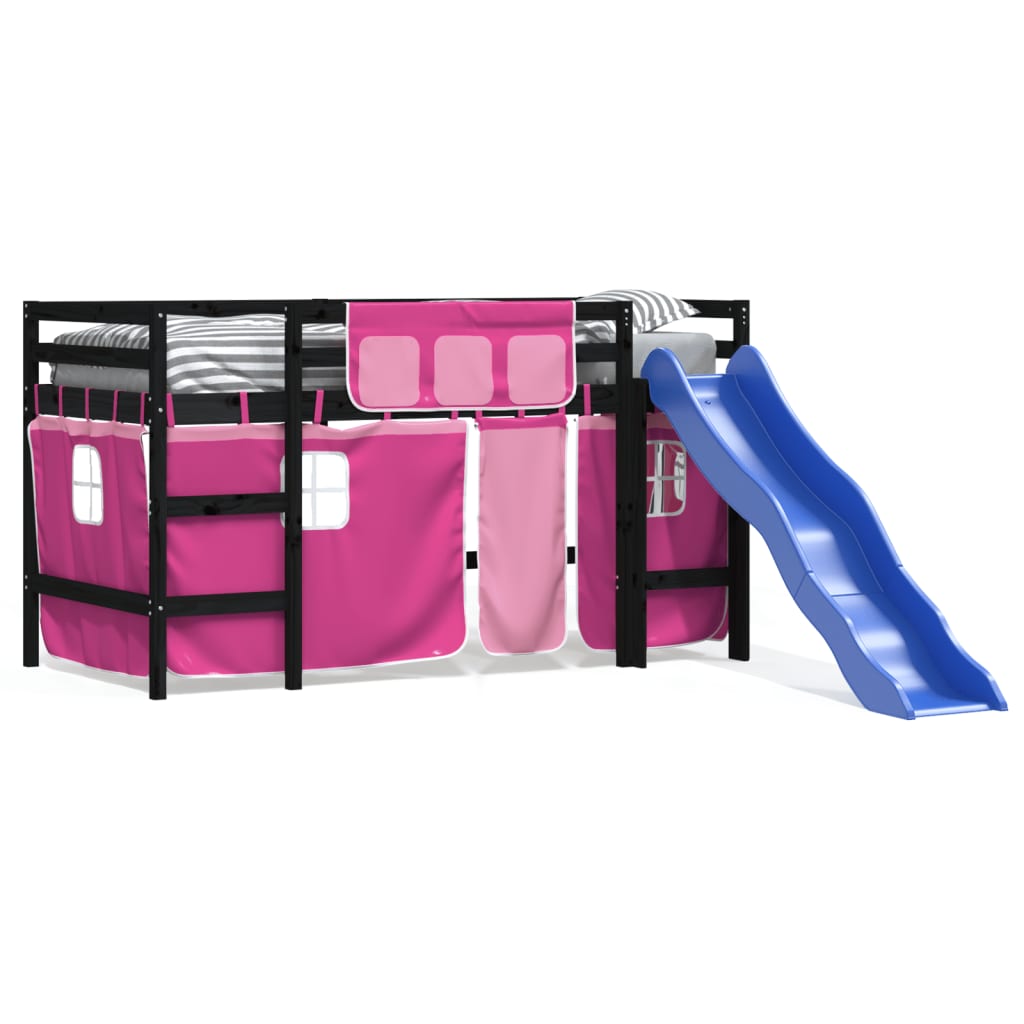 Kinderhoogslaper Met Gordijnen Grenenhout 80 x 200 cm Zwart en roze