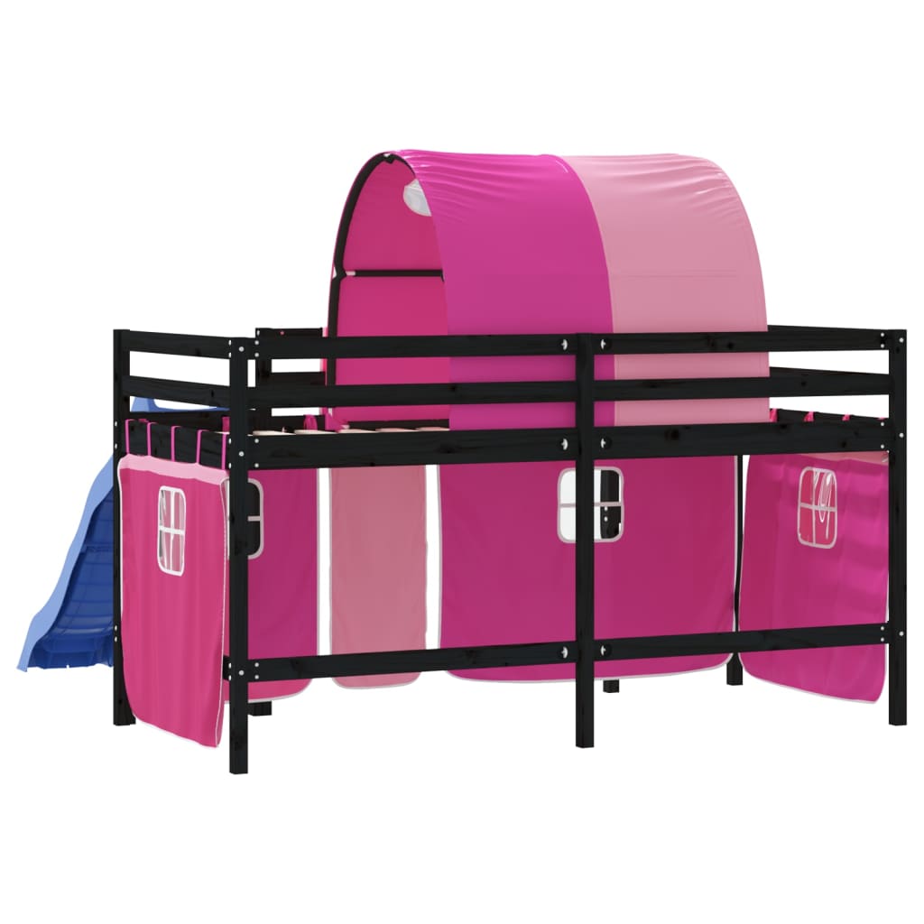 Kinderhoogslaper Met Tunnel Massief Grenenhout 80 x 200 cm Zwart en roze