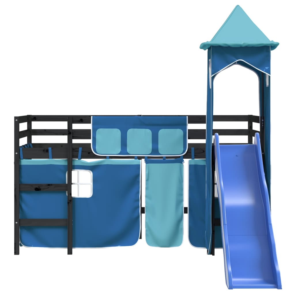 Kinderhoogslaper Met Toren Massief Grenenhout 80 x 200 cm Zwart en blauw