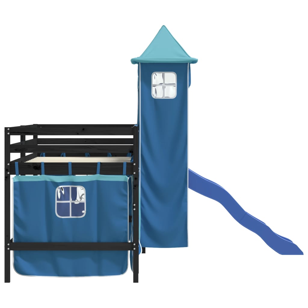 Kinderhoogslaper Met Toren Massief Grenenhout 80 x 200 cm Zwart en blauw