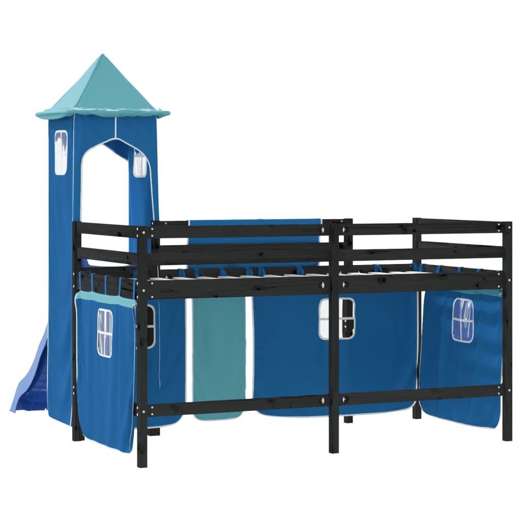 Kinderhoogslaper Met Toren Massief Grenenhout 80 x 200 cm Zwart en blauw