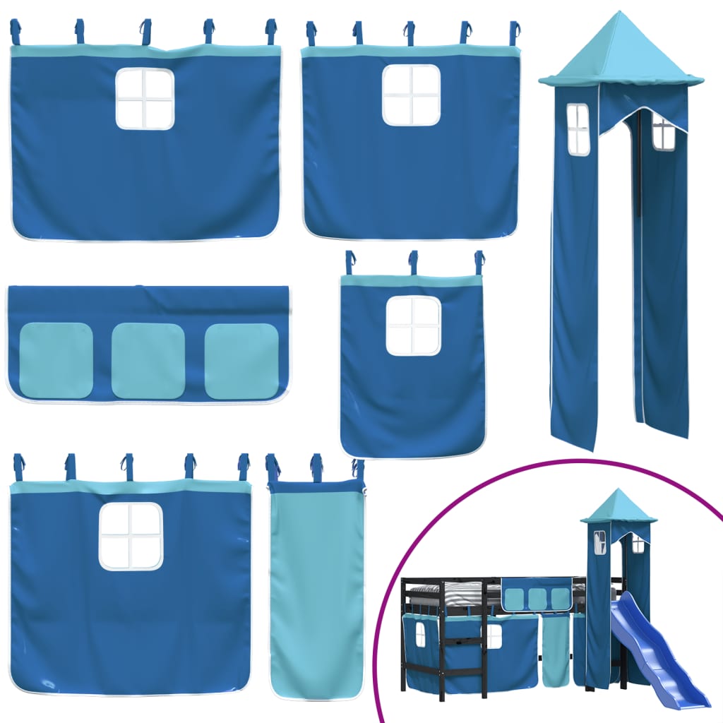Kinderhoogslaper Met Toren Massief Grenenhout 80 x 200 cm Zwart en blauw
