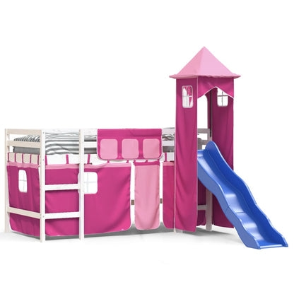 Kinderhoogslaper Met Toren Massief Grenenhout 90 x 190 cm Wit en roze