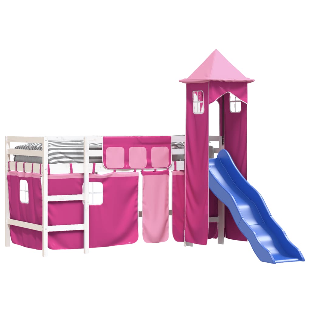 Kinderhoogslaper Met Toren Massief Grenenhout 90 x 190 cm Wit en roze