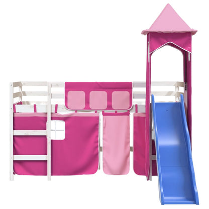 Kinderhoogslaper Met Toren Massief Grenenhout 90 x 190 cm Wit en roze
