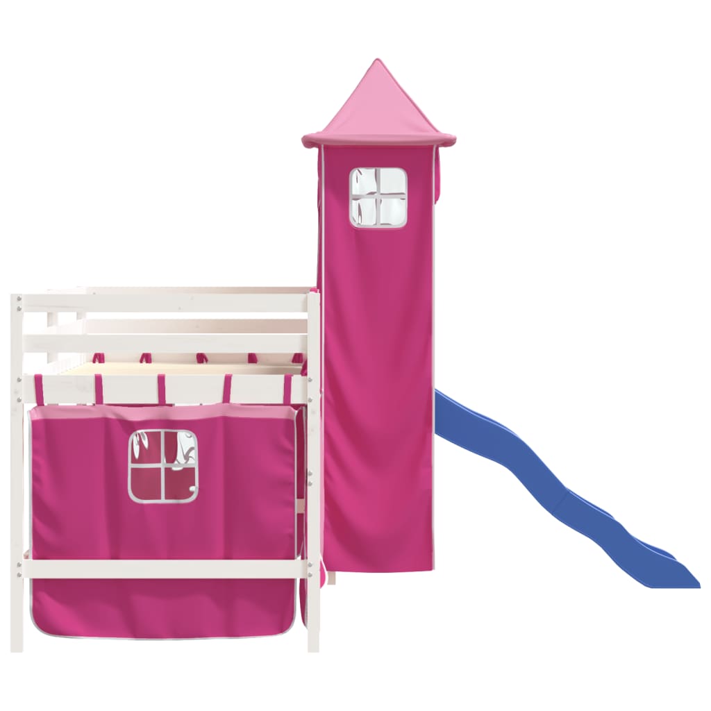 Kinderhoogslaper Met Toren Massief Grenenhout 90 x 190 cm Wit en roze