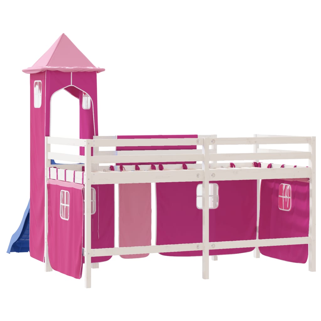 Kinderhoogslaper Met Toren Massief Grenenhout 90 x 190 cm Wit en roze
