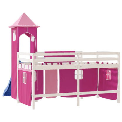 Kinderhoogslaper Met Toren Massief Grenenhout 90 x 190 cm Wit en roze