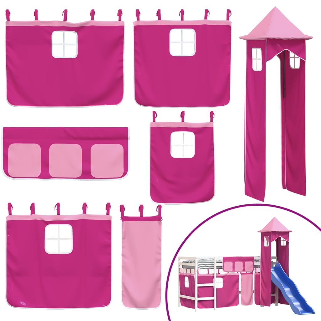 Kinderhoogslaper Met Toren Massief Grenenhout 90 x 190 cm Wit en roze