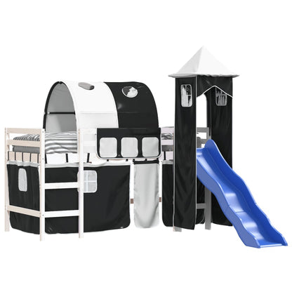 Kinderhoogslaper Met Toren Grenenhout 80 x 200 cm Wit en zwart