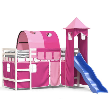 Kinderhoogslaper Met Toren Massief Grenenhout 80 x 200 cm Wit en roze