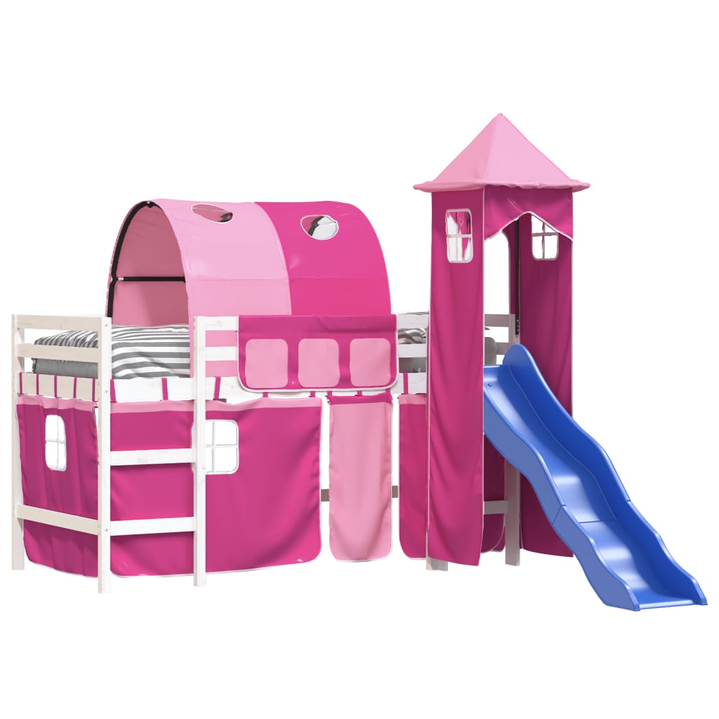 Kinderhoogslaper Met Toren Massief Grenenhout 80 x 200 cm Wit en roze