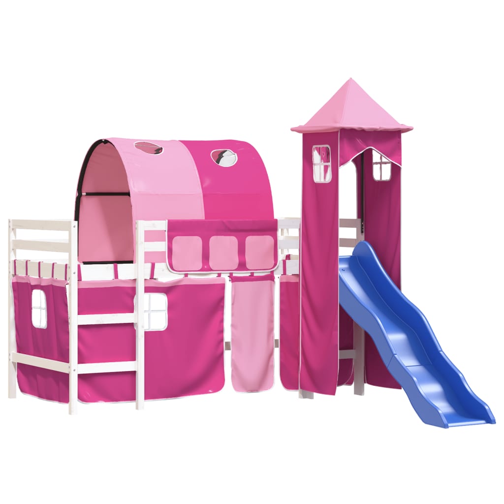 Kinderhoogslaper Met Toren Massief Grenenhout 80 x 200 cm Wit en roze