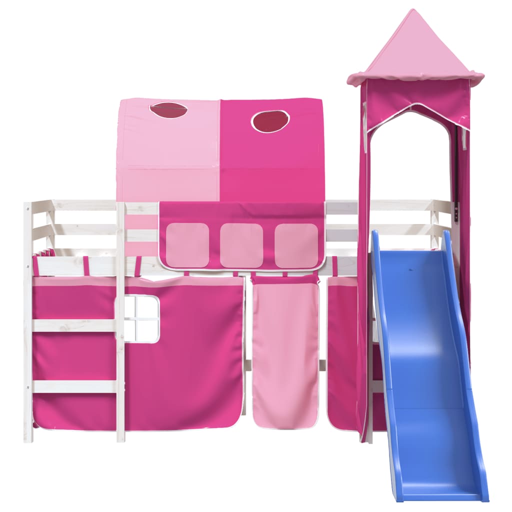 Kinderhoogslaper Met Toren Massief Grenenhout 80 x 200 cm Wit en roze